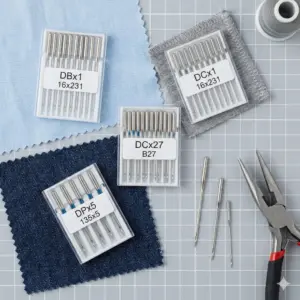 Kim máy may: Các mã DB (1 kim), DC (vắt sổ), DP... cho các loại vải khác nhau.